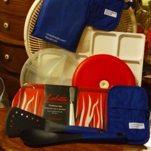 NWOT Bundle of Party Platters, Serving Trays, Utensils, Pot Holders & Storage